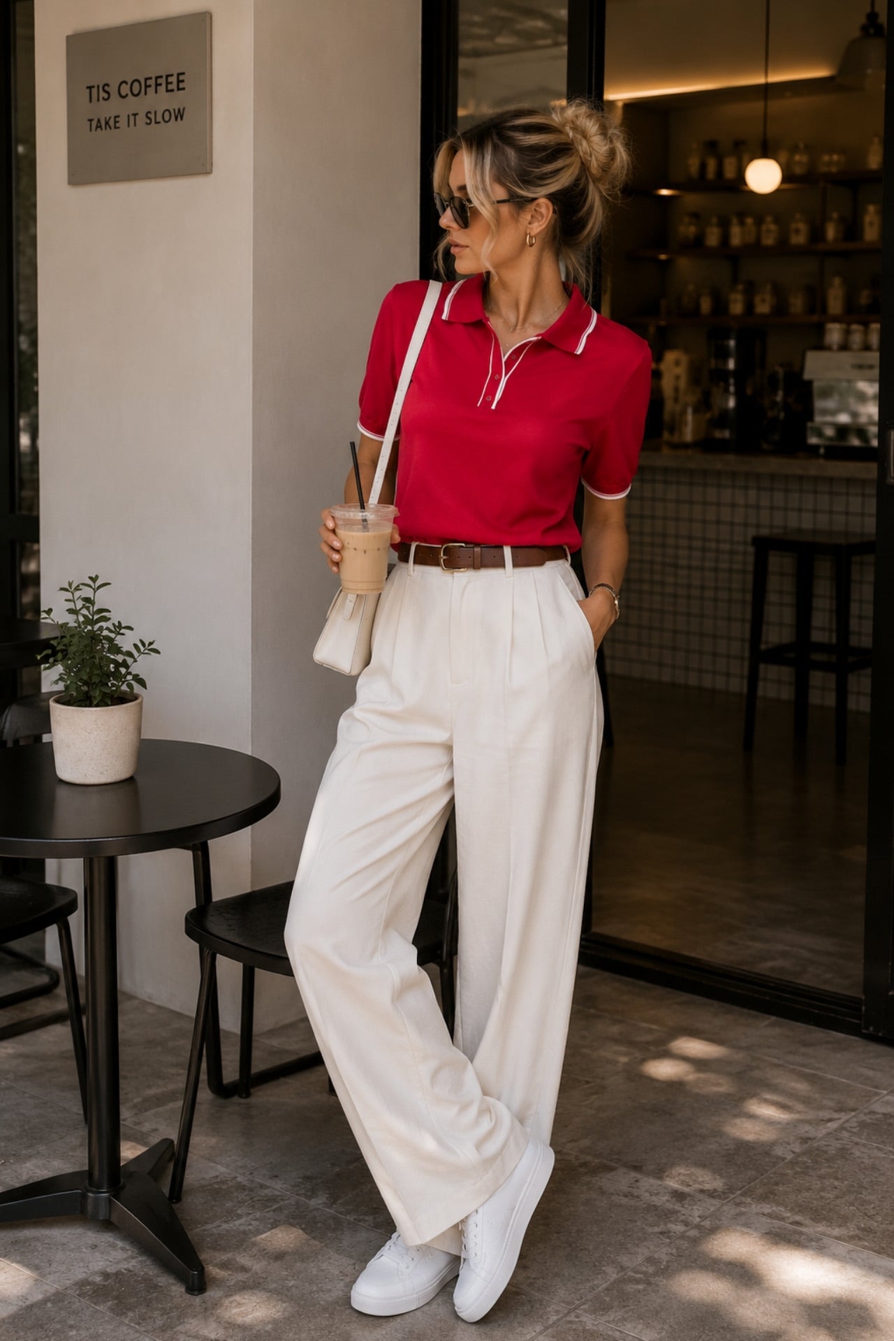 Stripe Detail Polo Neck Buttoned Red Knitted Blouse