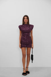 Zero Sleeve Sequined Mini Purple Dress