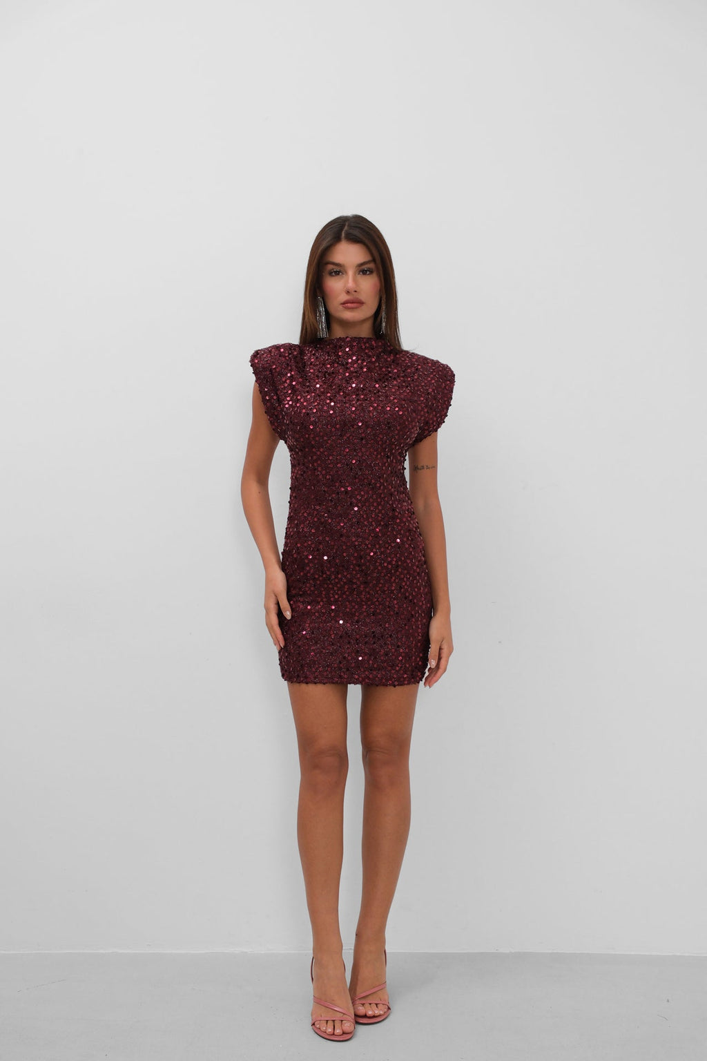 Sleeveless Sequined Mini Burgundy Dress