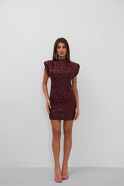 Zero Sleeve Sequined Mini Burgundy Dress