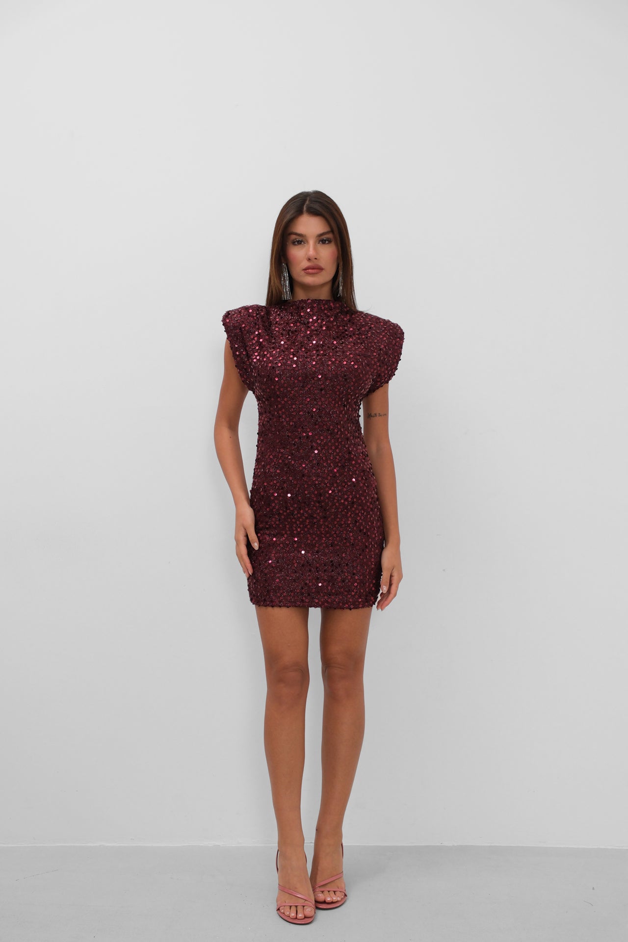 Sleeveless Sequined Mini Burgundy Dress