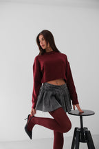 Sifir Collar Burgundy Crop Knit Sweater