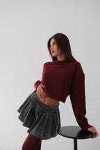 Sifir Collar Burgundy Crop Knit Sweater