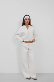 Zero Collar Zippered White Sweatshirt Tracksuit Set