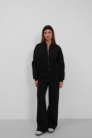 Zero Collar Zippered Black Sweatshirt Tracksuit Set