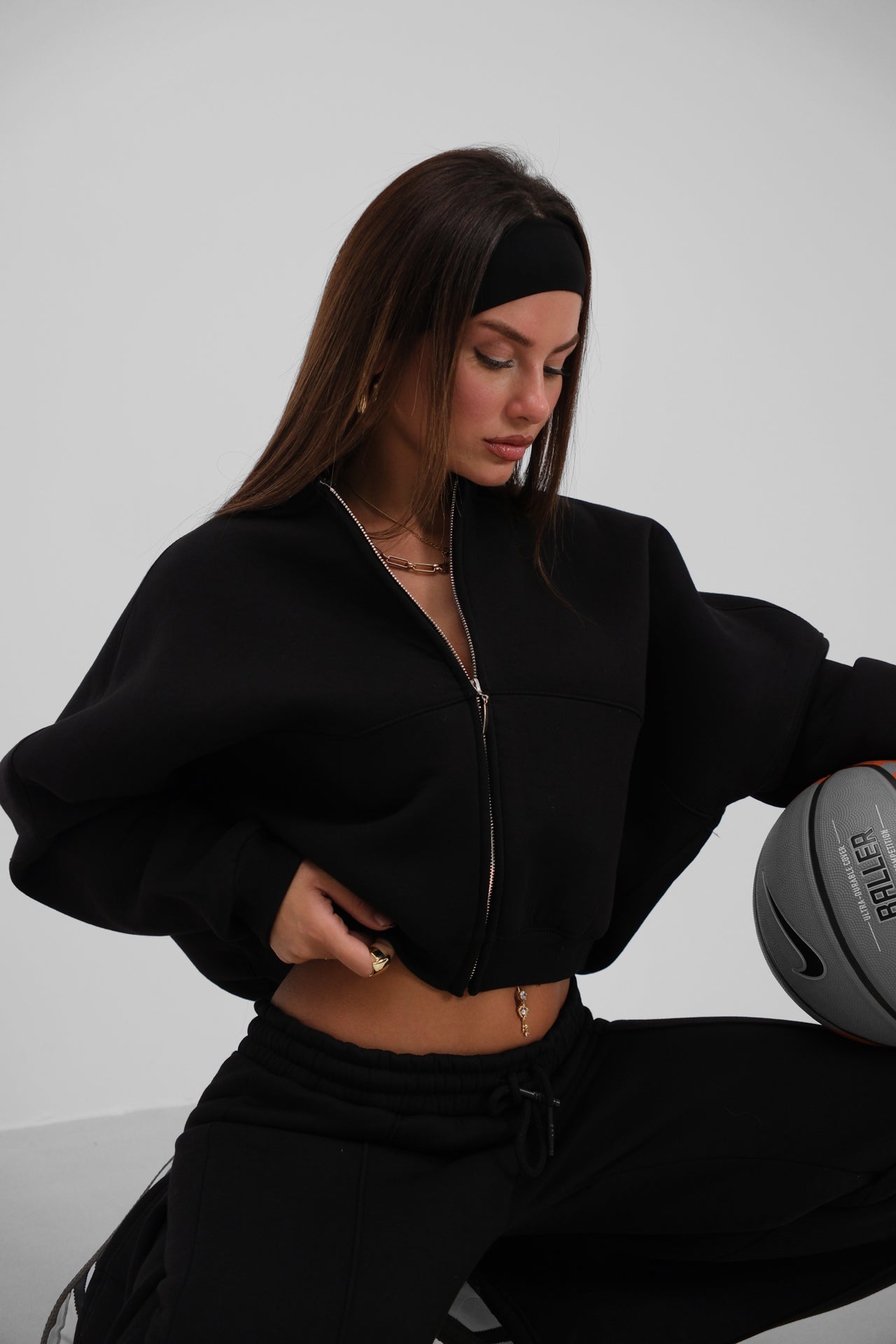 Sifir Collar Zip-Up Black Sweatshirt Tracksuit Takimi