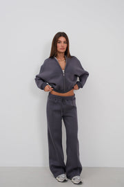 Zero Collar Zippered Gray Sweatshirt Tracksuit Set
