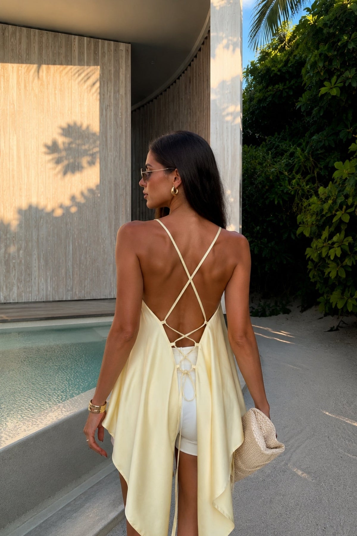 Yellow Satin Blouse with Back Lace-Up Straps