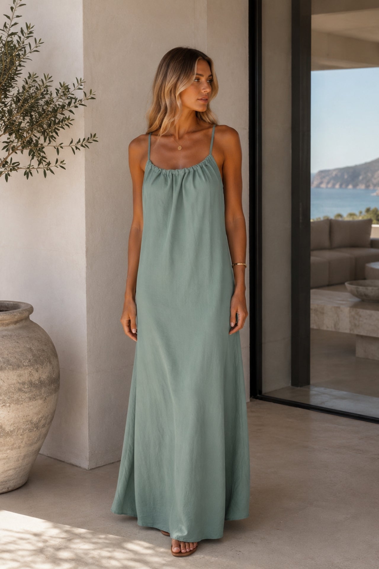 Back Lace-Up Strappy Khaki Maxi Dress