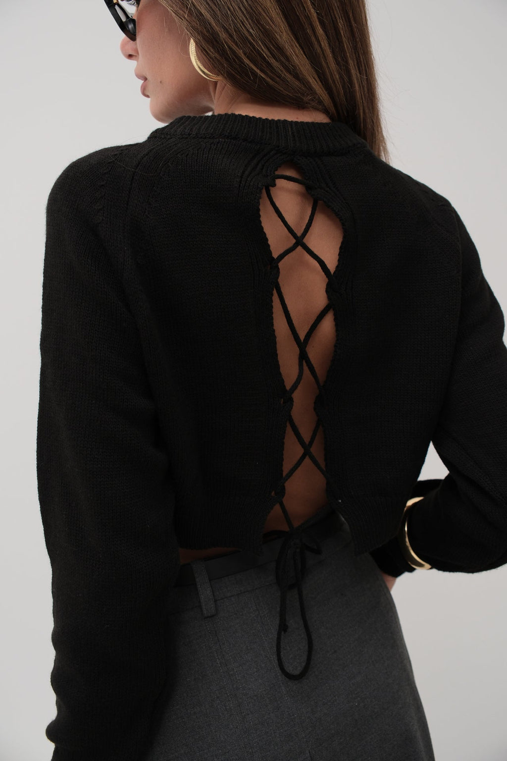 Back Tie Detail Black Sweater