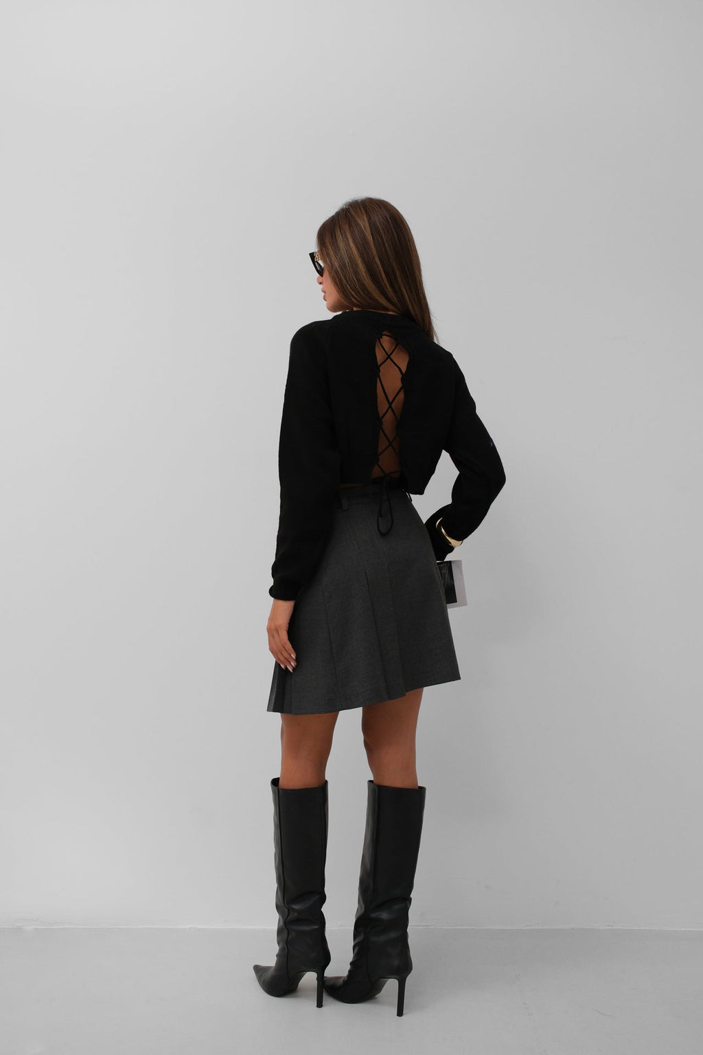 Back Tie Detail Black Sweater