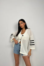 Back Printed Openwork White Cardigan