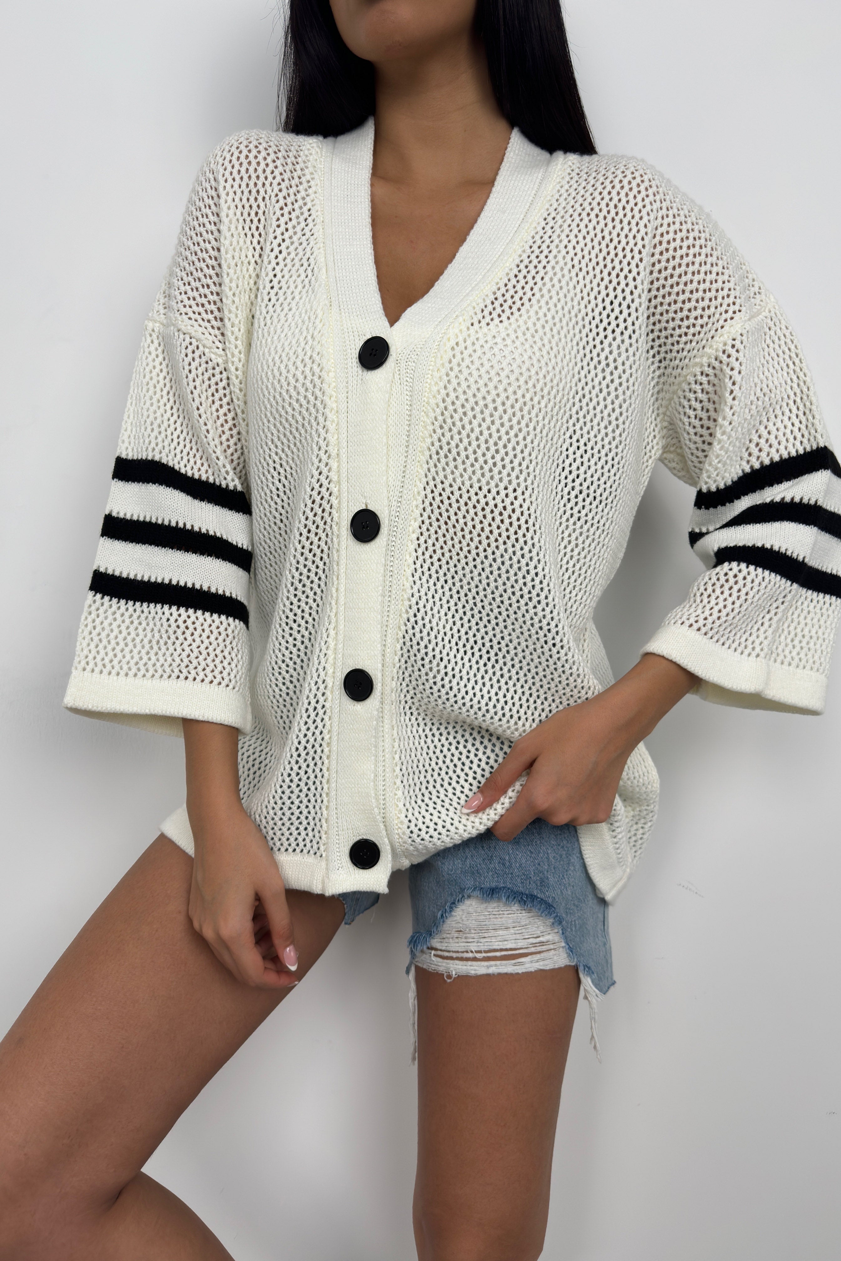 Back Printed Openwork White Cardigan