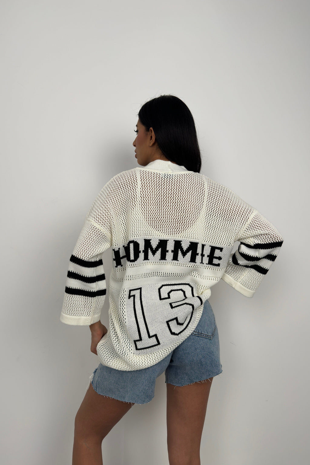 Back Printed Openwork White Cardigan