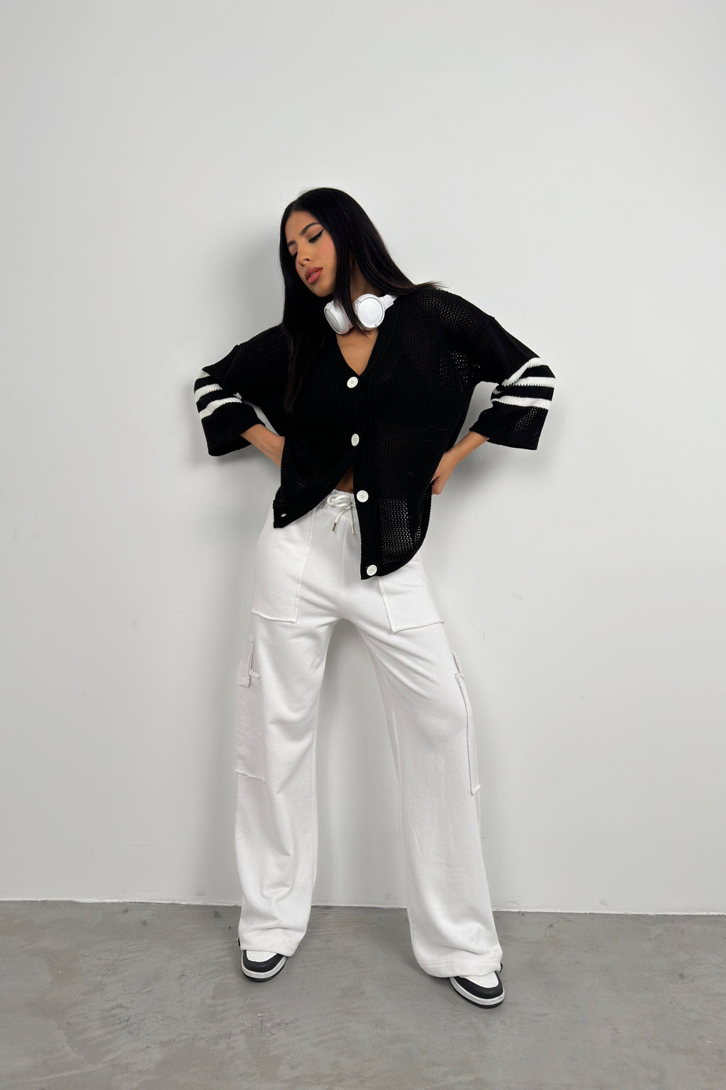 Back Printed Openwork Black Cardigan