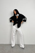 Back Printed Openwork Black Cardigan