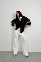 Back Printed Openwork Black Cardigan