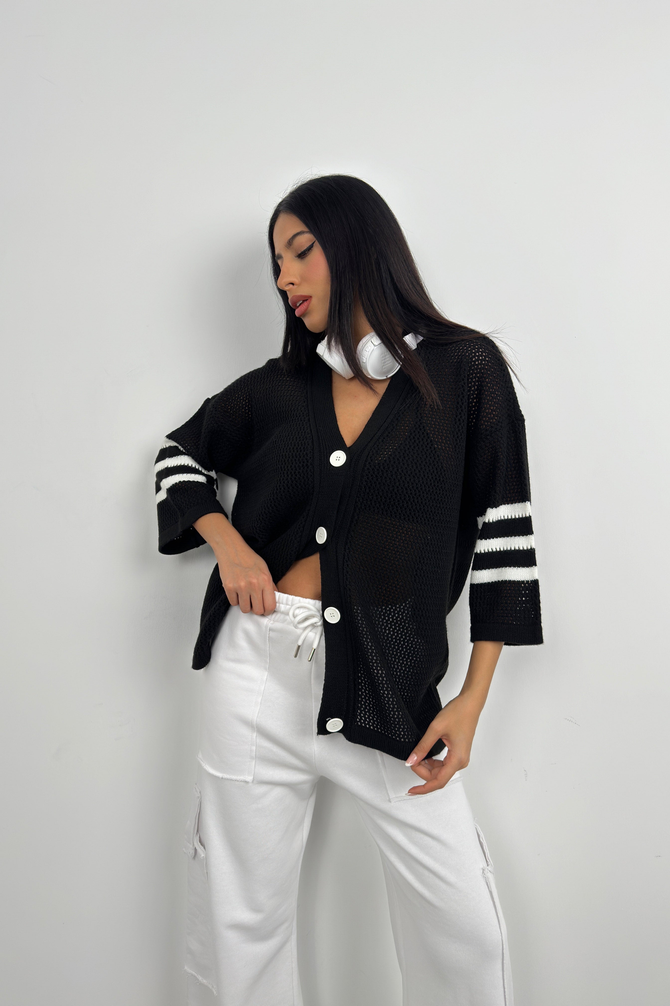 Back Printed Openwork Black Cardigan