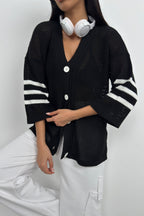 Back Printed Openwork Black Cardigan