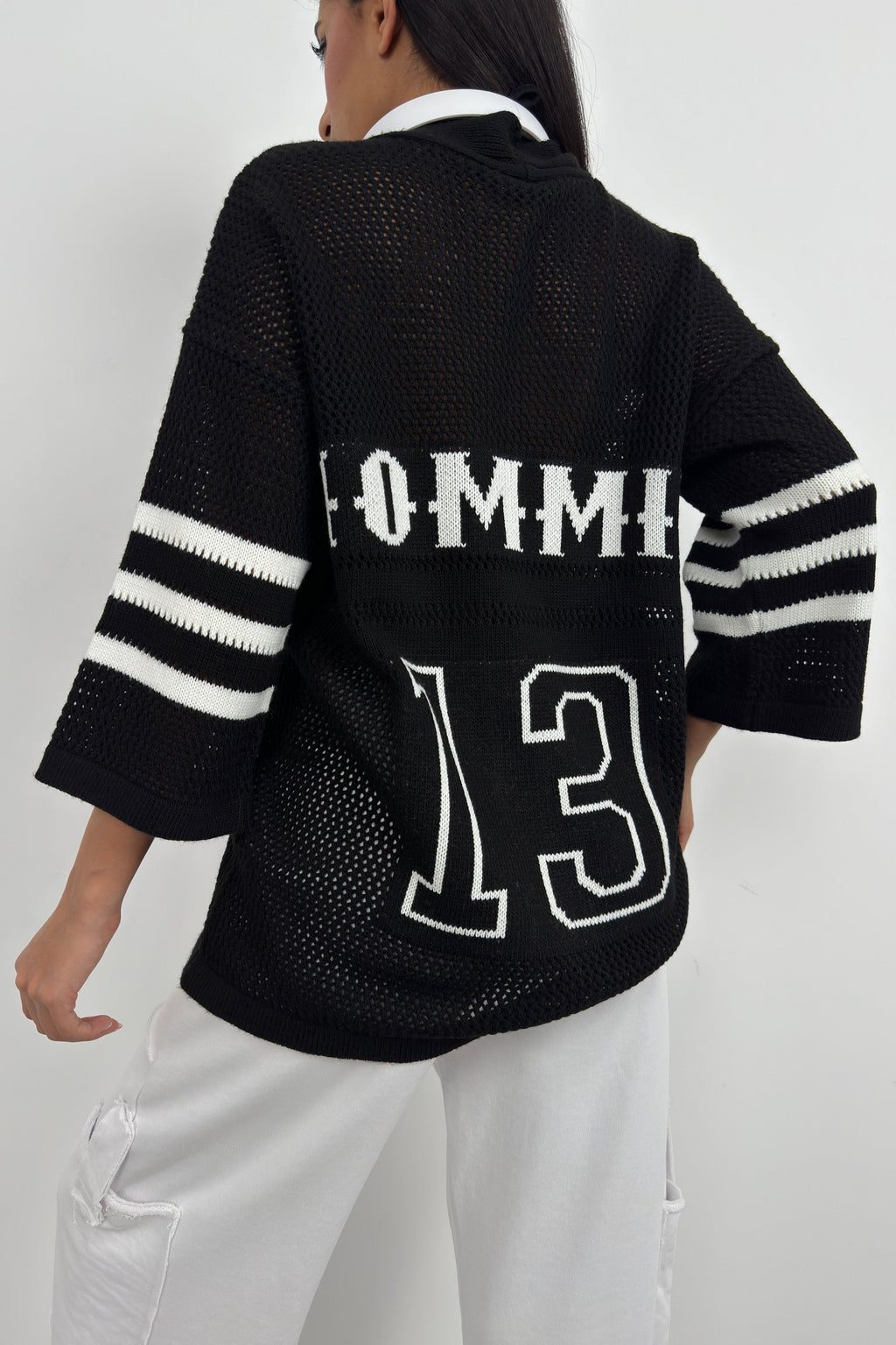 Back Printed Openwork Black Cardigan