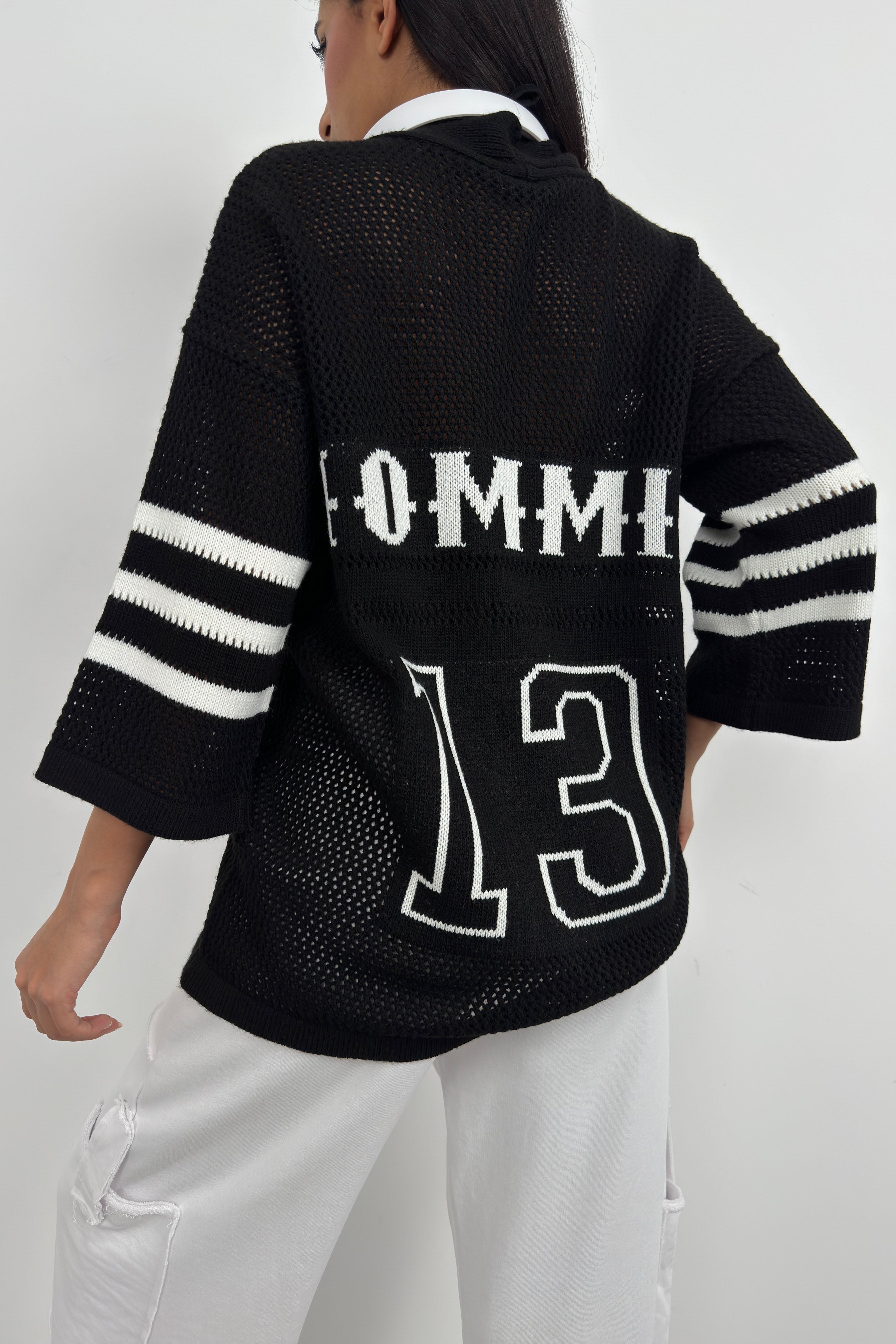 Back Printed Openwork Black Cardigan