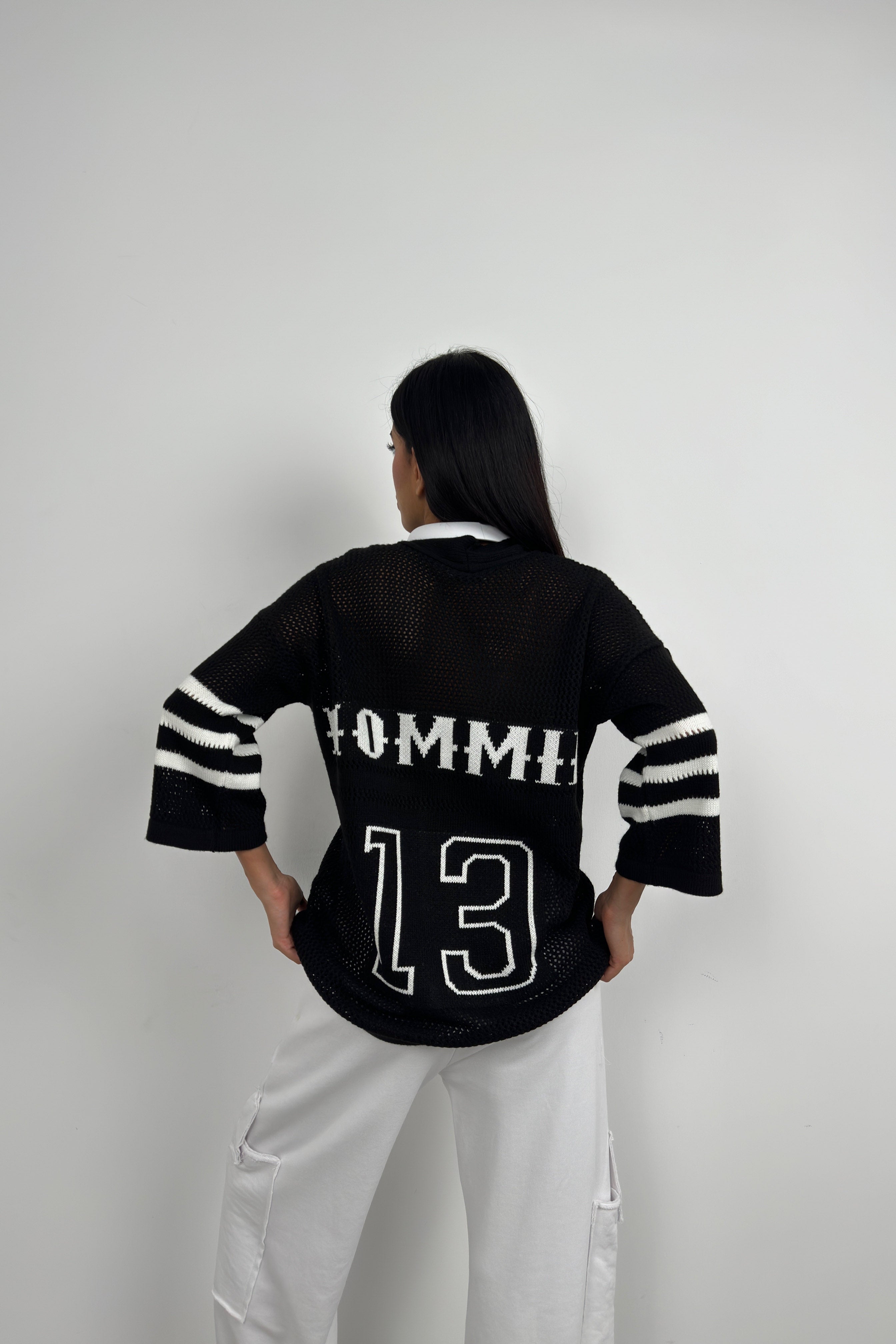 Back Printed Openwork Black Cardigan