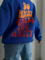 Back Printed Hooded Oversize Sax Blue Sweatshirt