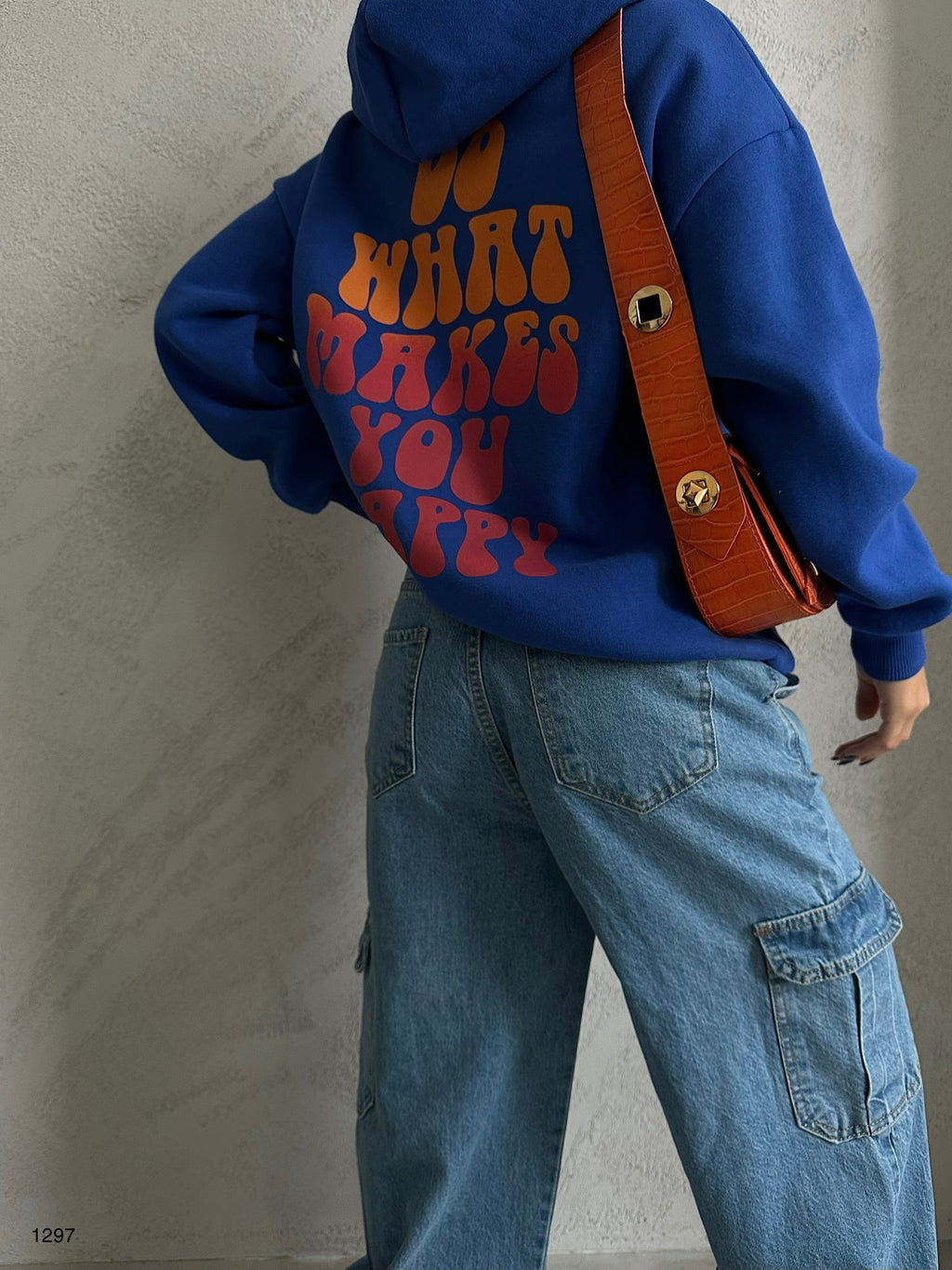 Back Printed Hooded Oversize Sax Blue Sweatshirt