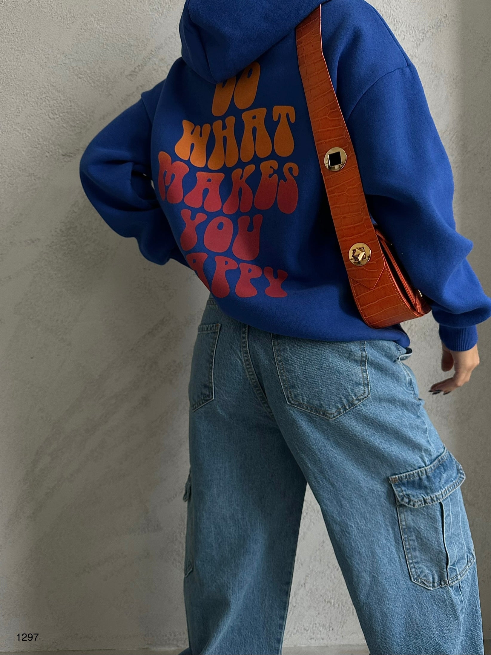 Back Printed Hooded Oversize Sax Blue Sweatshirt