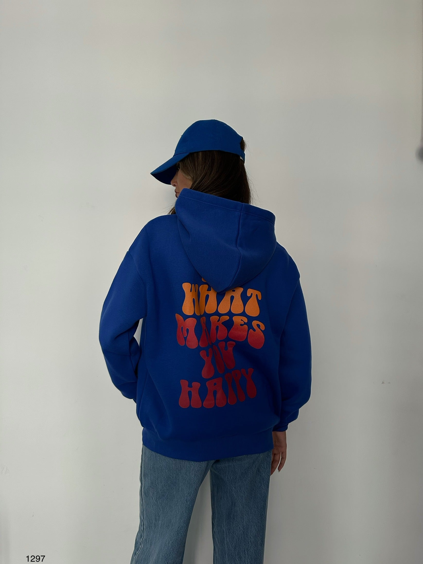 Back Printed Hooded Oversize Sax Blue Sweatshirt