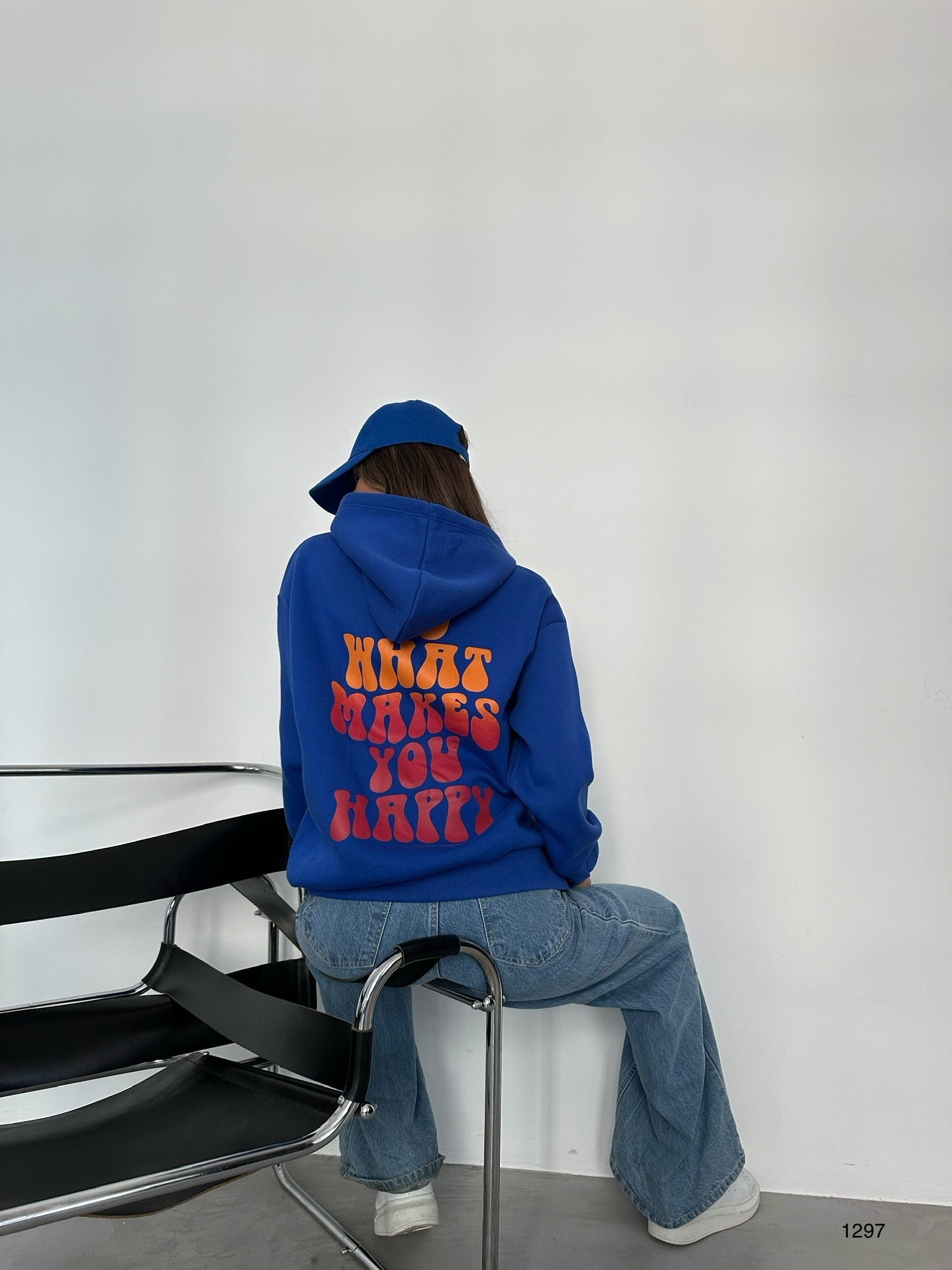 Back Printed Hooded Oversize Sax Blue Sweatshirt