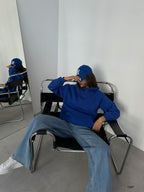 Back Printed Hooded Oversize Sax Blue Sweatshirt
