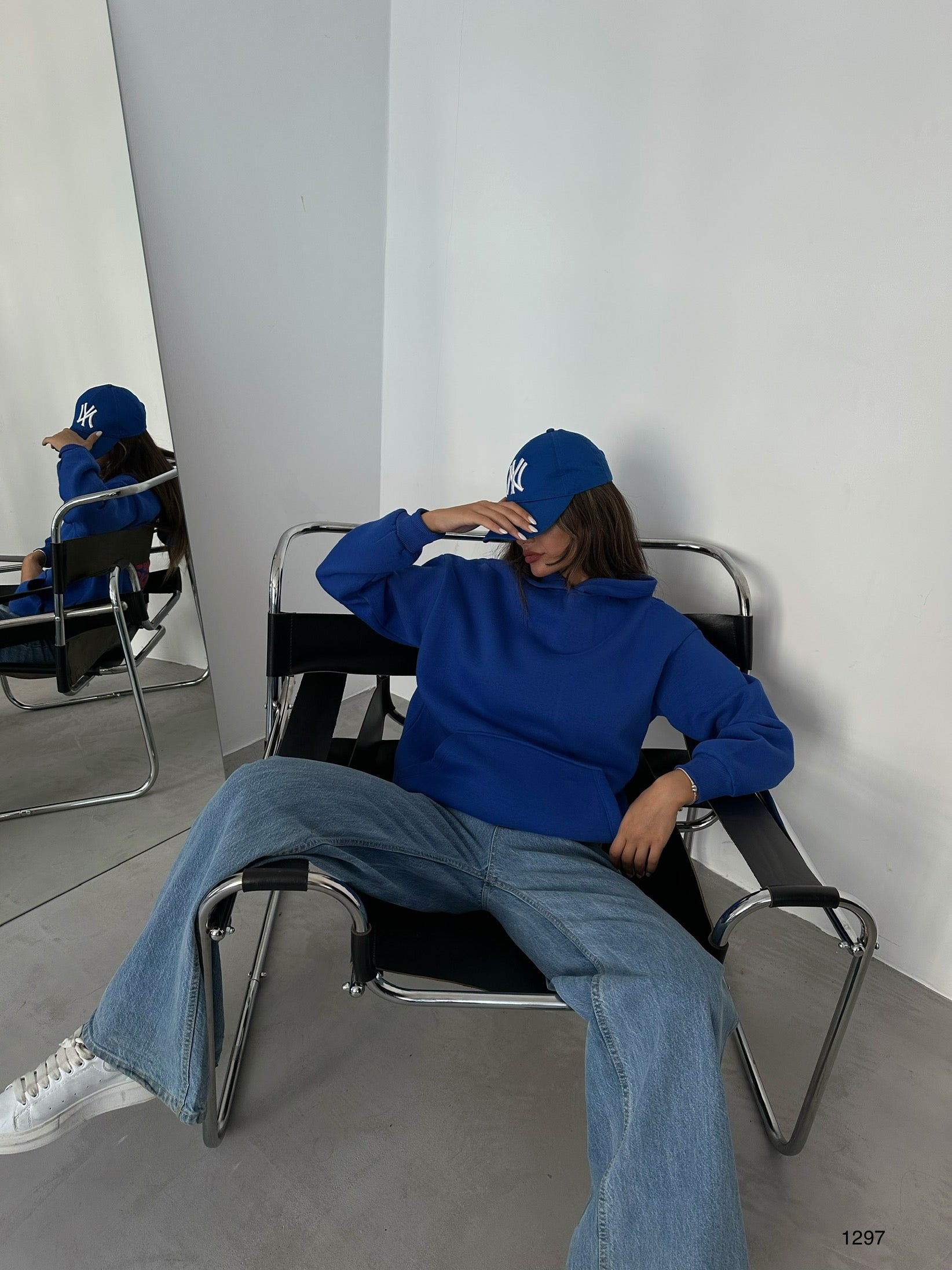 Back Printed Hooded Oversize Sax Blue Sweatshirt
