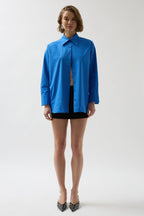 Back Cutout Lace-Up Sax Blue Shirt