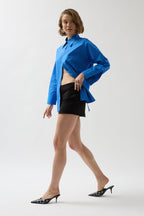 Back Cutout Lace-Up Sax Blue Shirt