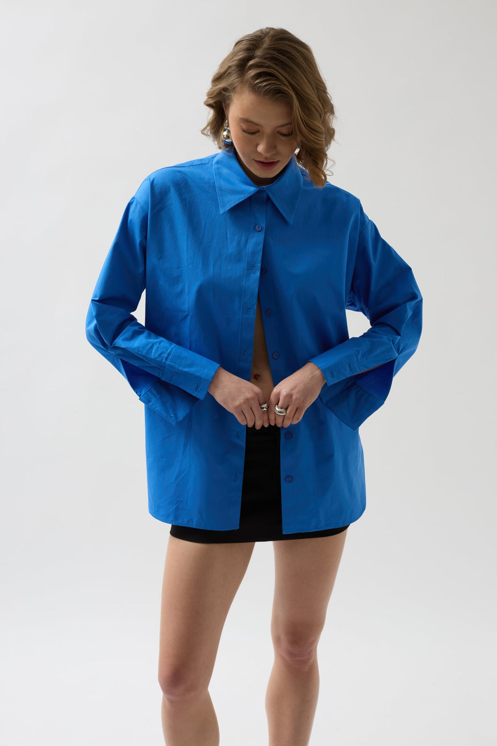 Back Cutout Lace-Up Sax Blue Shirt