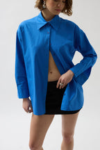 Back Cutout Lace-Up Sax Blue Shirt