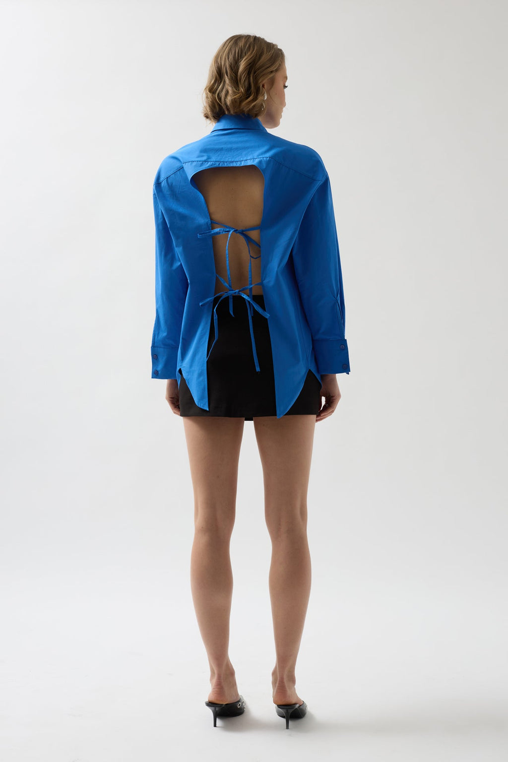 Back Cutout Lace-Up Sax Blue Shirt