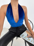Sirt Dekolteli Blue V-Neck Velvet Bodysuit