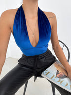 Sirt Dekolteli Blue V-Neck Velvet Bodysuit
