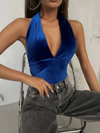 Sirt Dekolteli Blue V-Neck Velvet Bodysuit