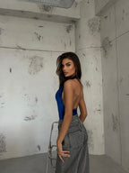 Sirt Dekolteli Blue V-Neck Velvet Bodysuit