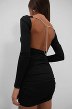 Back Cutout Chain Detail Mini Black Dress