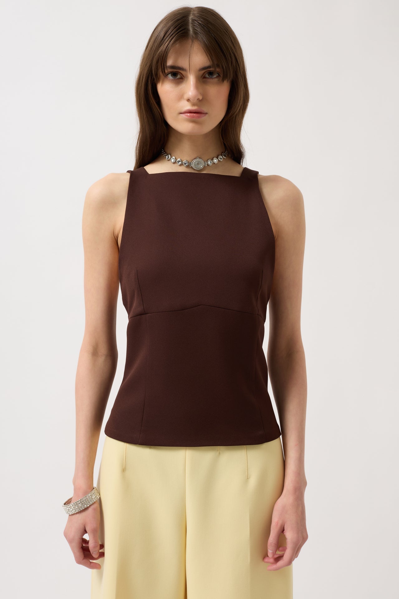 Back Ribbon Detail Brown Blouse