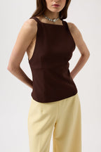 Back Ribbon Detail Brown Blouse