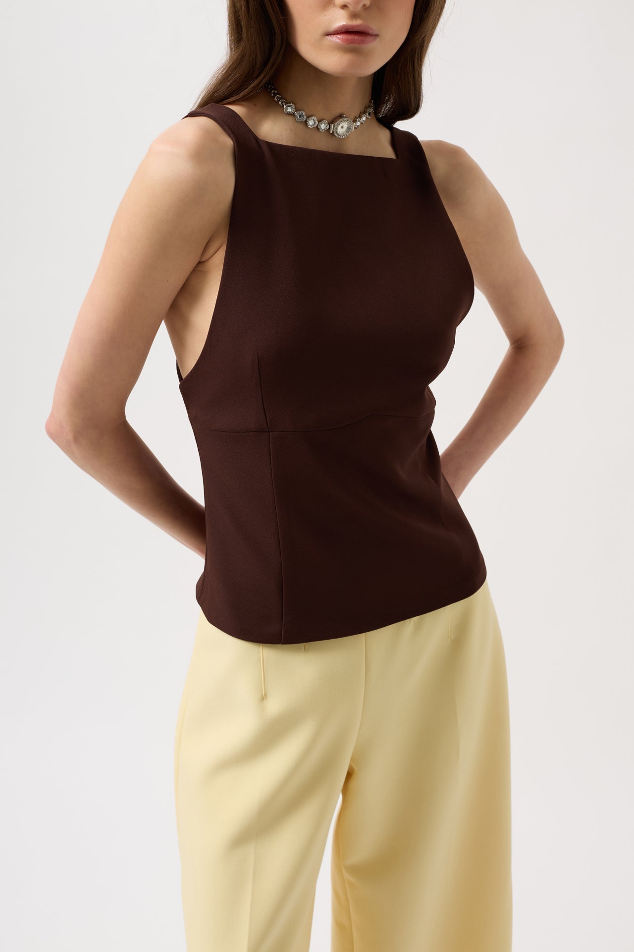 Back Ribbon Detail Brown Blouse