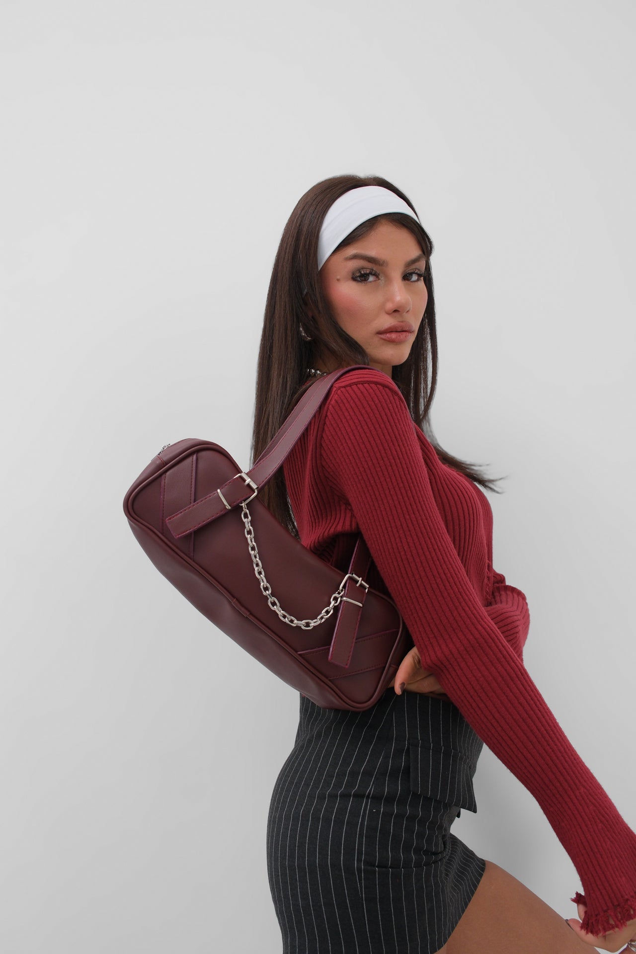 Stdr Chain Detail Handle Burgundy Bag