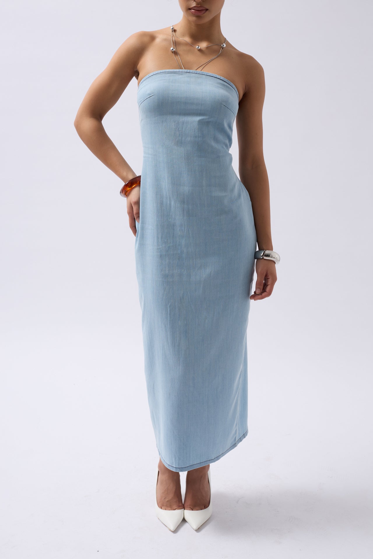 Strapless Denim Maxi Light Blue Dress