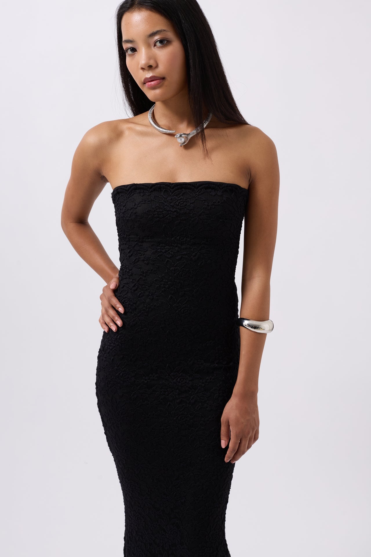 Strapless Lace Maxi Black Dress
