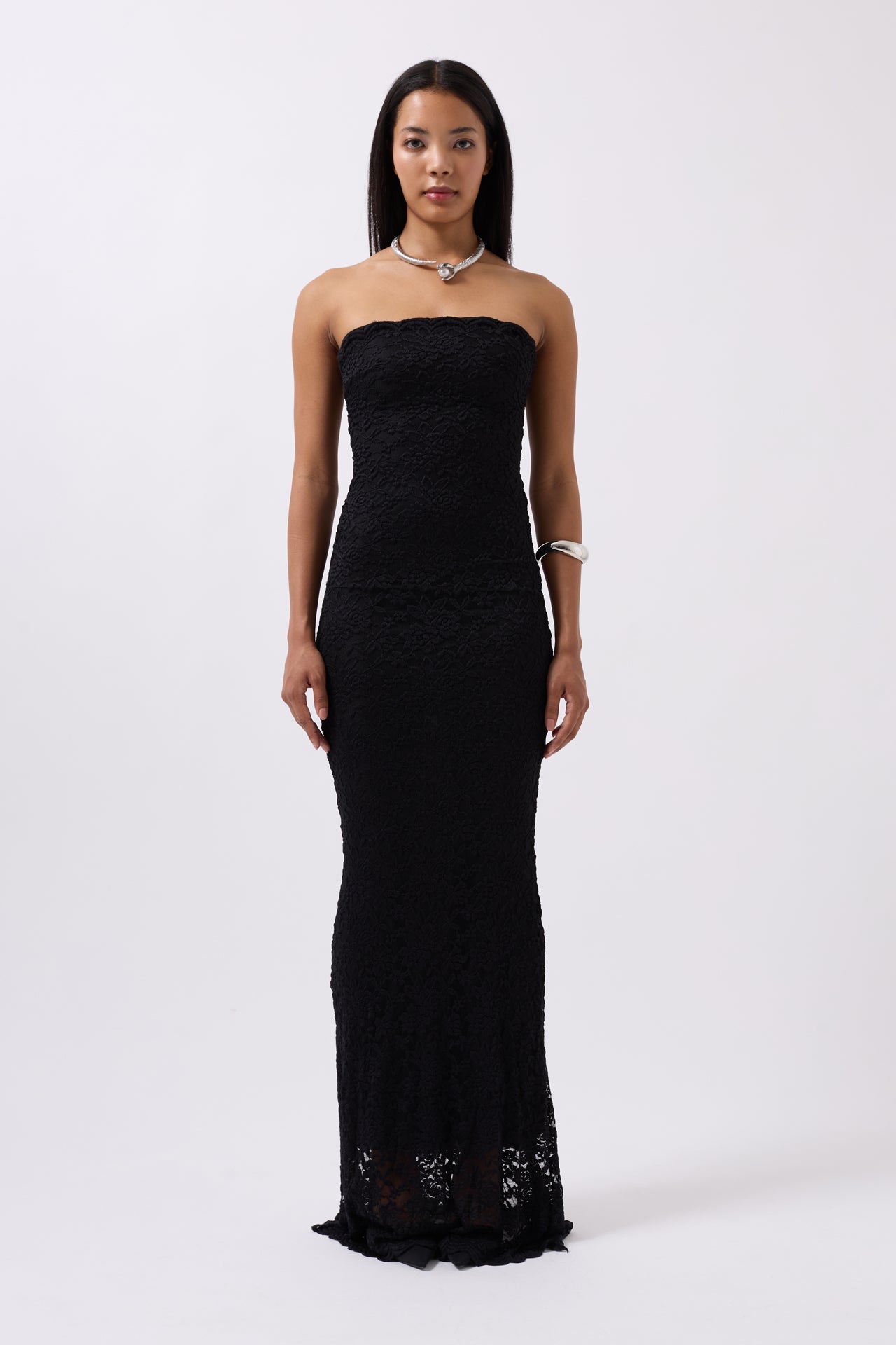 Strapless Lace Maxi Black Dress